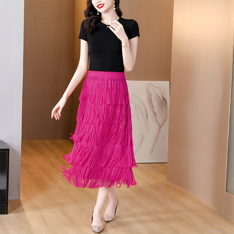 Skirts Miyake Solid Color Fringe Boydcon Pleated Tassel Skirts High Waist Women Stretch Midi Length Ladies 5 Layers Cake Faldas Mujer 2024