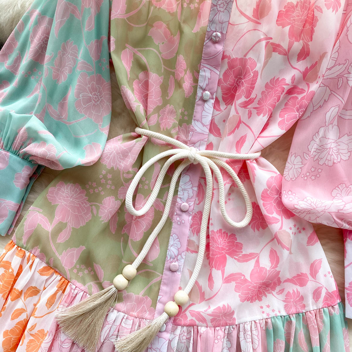 Basic Casual Dresses Summer Runway Vintage Stand Collar Long Lantern Sleeve Chiffon Dress Women's Flower Print Belt Loose A-Line Maxi Vestidos 20