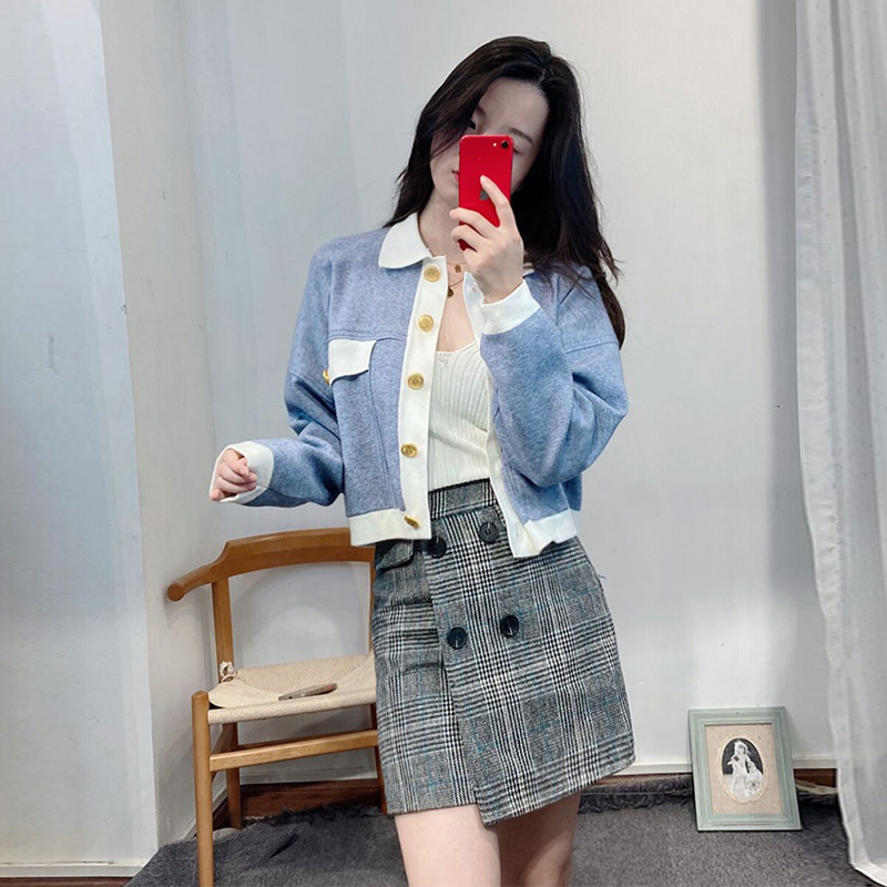 Women's Jackets s-andro age reduction blue and white embossed button knitted cardigan
