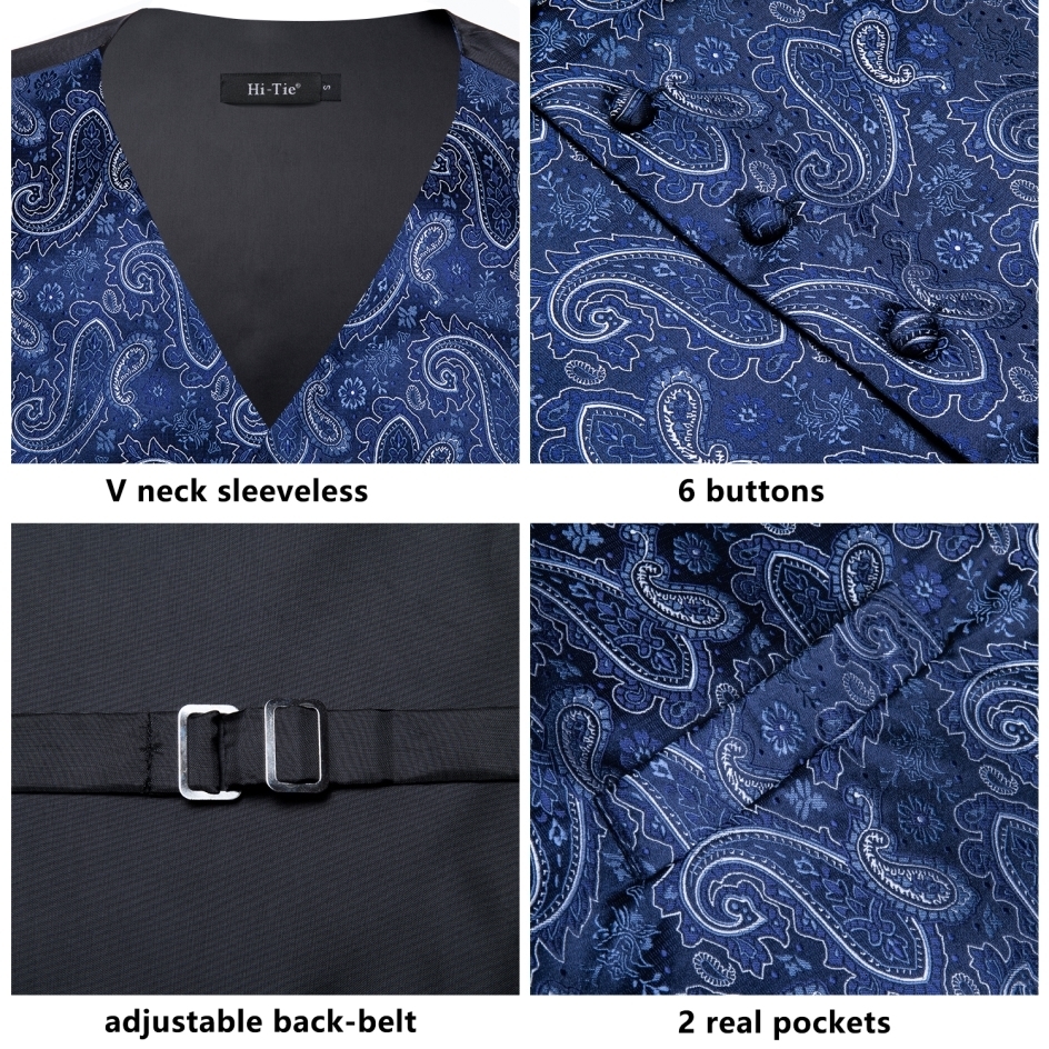 Men's Suits Blazers Hi-Tie 20 Color Silk Men's Vests Tie Business Formal Dress Slim Sleeveless Jacket 4PC Hanky Cufflink Blue Paisley Suit W