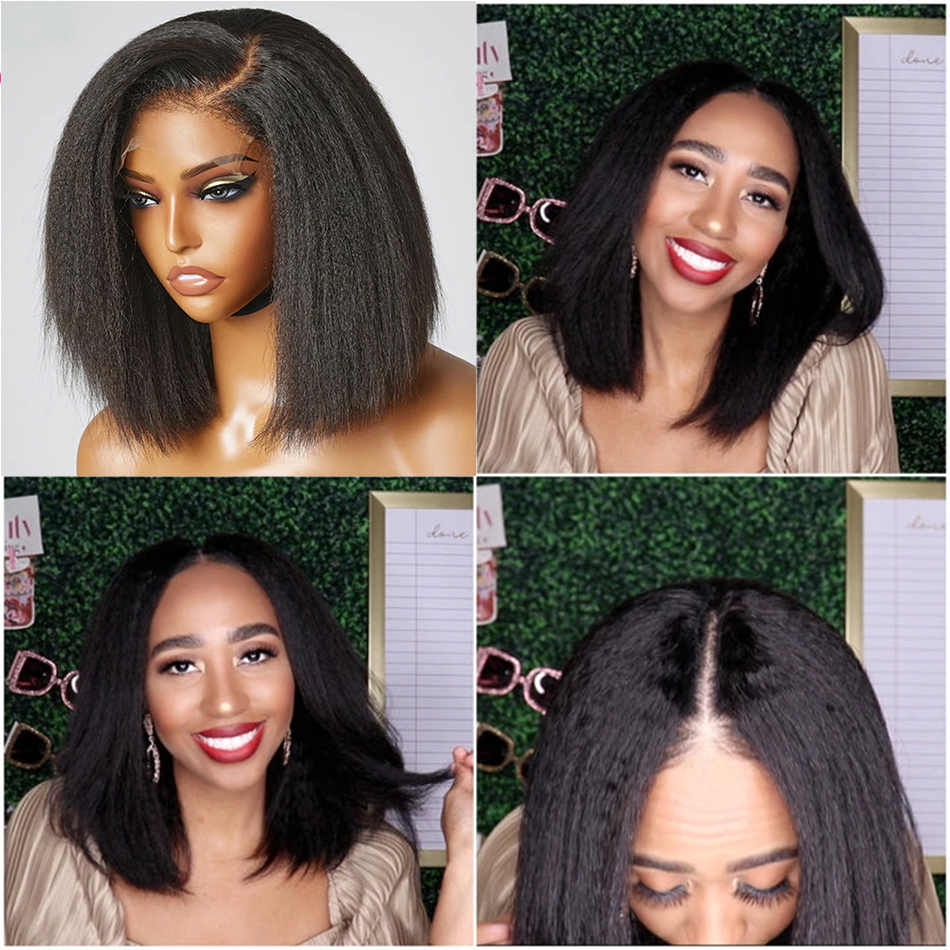 Kinky Straight Short Bob Wig 13x4 Lace Frontal Human Hair Wig with Baby Hair for Black Women Colored Yaki Straight Bob Wig