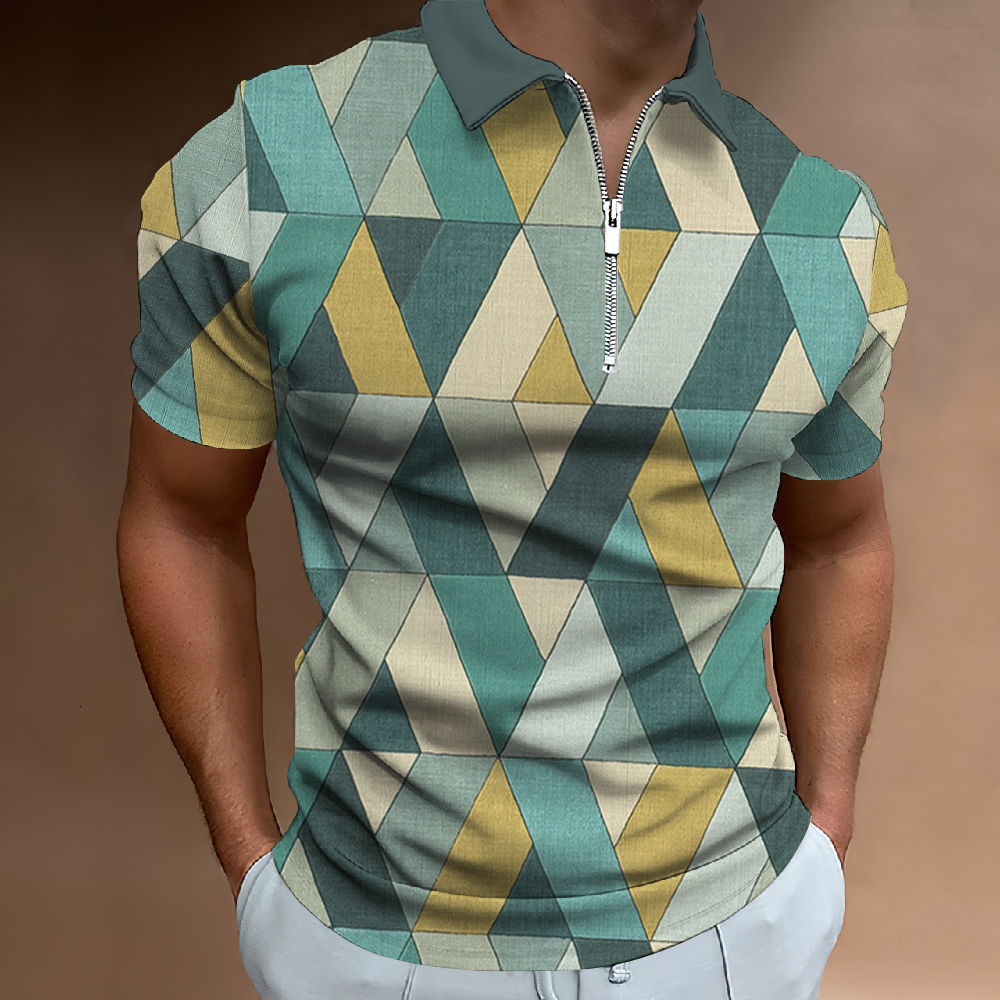 Men's Polos 3d Print Graphic Square Men'S Zip Polo 2023 Caucal Stripes Lapel Shirt Man Simple Golf Short Sleeves Top Men Clothing 230721
