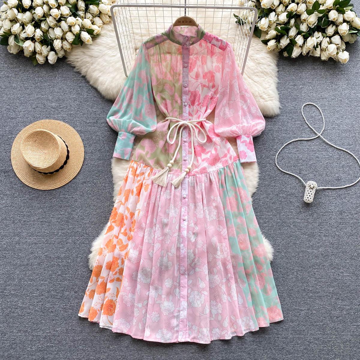 Basic Casual Dresses Summer Runway Vintage Stand Collar Long Lantern Sleeve Chiffon Dress Women's Flower Print Belt Loose A-Line Maxi Vestidos 20
