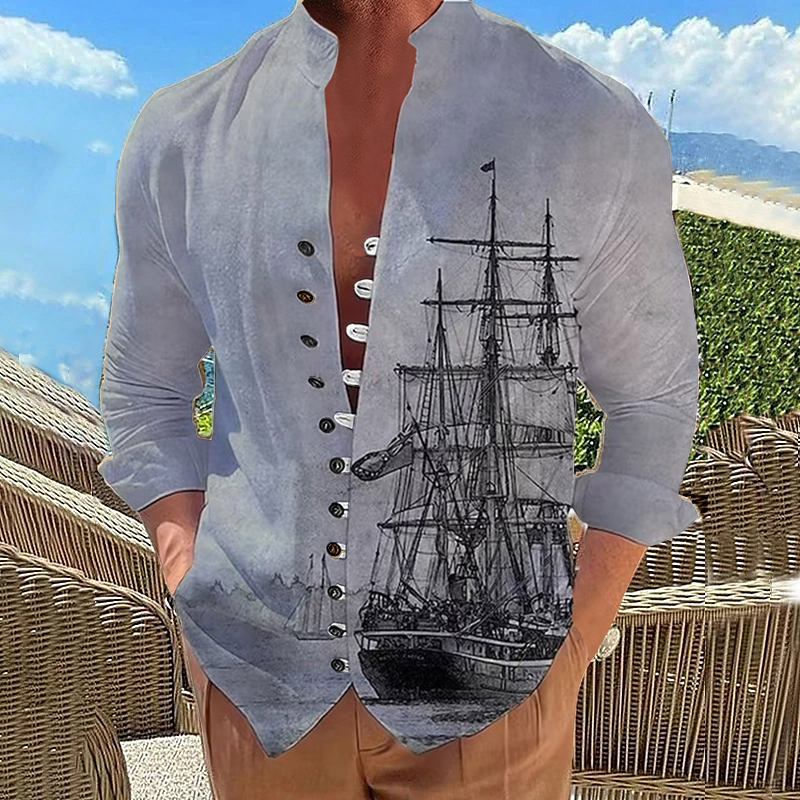 Men's Casual Shirts Casual Men Shirts Fashion Sailboat Print Button Long Sleeve Shirt Fashion Stand-Up Collar Loose Men's Shirts Streetwear 