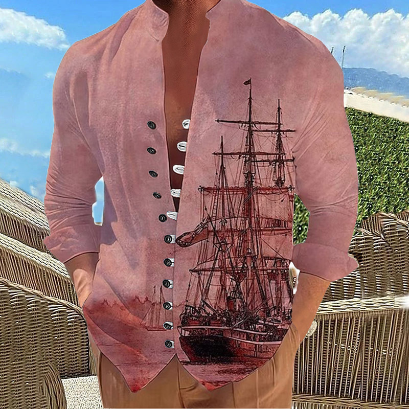 Men's Casual Shirts Casual Men Shirts Fashion Sailboat Print Button Long Sleeve Shirt Fashion Stand-Up Collar Loose Men's Shirts Streetwear 