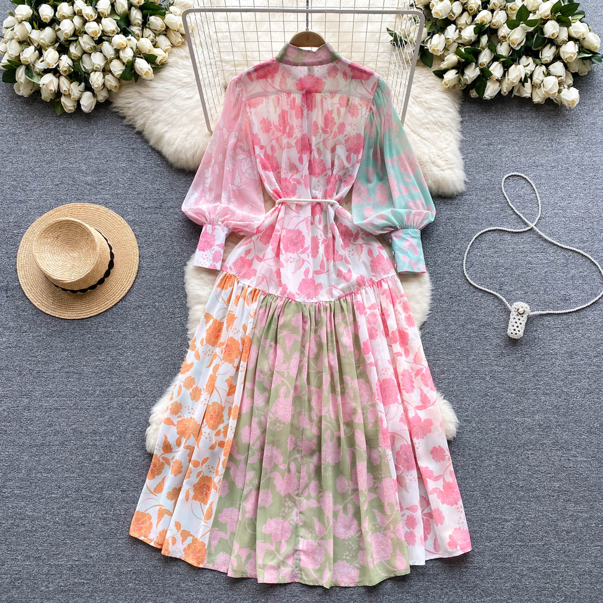 Basic Casual Dresses Summer Runway Vintage Stand Collar Long Lantern Sleeve Chiffon Dress Women's Flower Print Belt Loose A-Line Maxi Vestidos 20