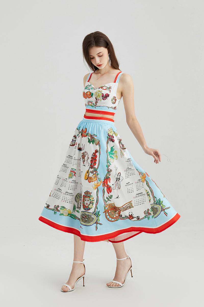 Two Piece Dress Fashion Runway Summer Holiday Skirts Suit Women Short Spaghetti Strap Camis Corset Top and Fruit Print Skirts 2 Pieces Set 2023