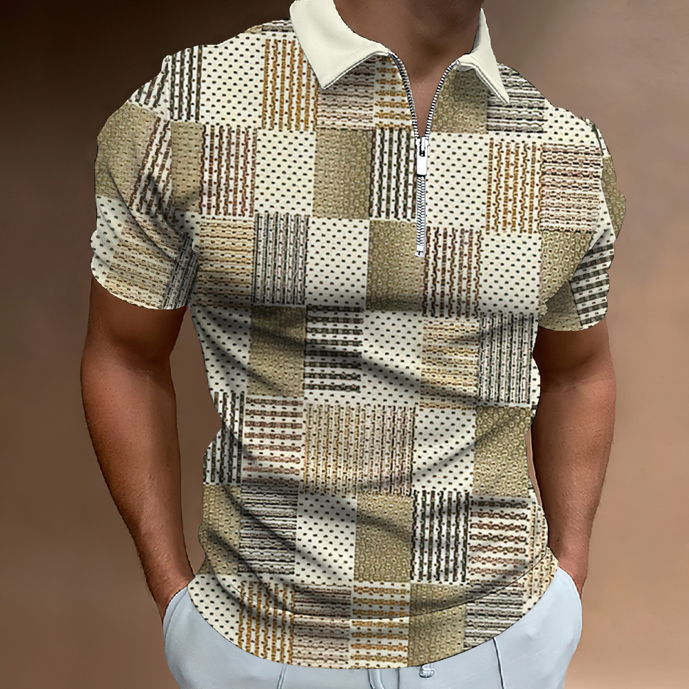 Men's Polos 3d Print Graphic Square Men'S Zip Polo 2023 Caucal Stripes Lapel Shirt Man Simple Golf Short Sleeves Top Men Clothing 230721