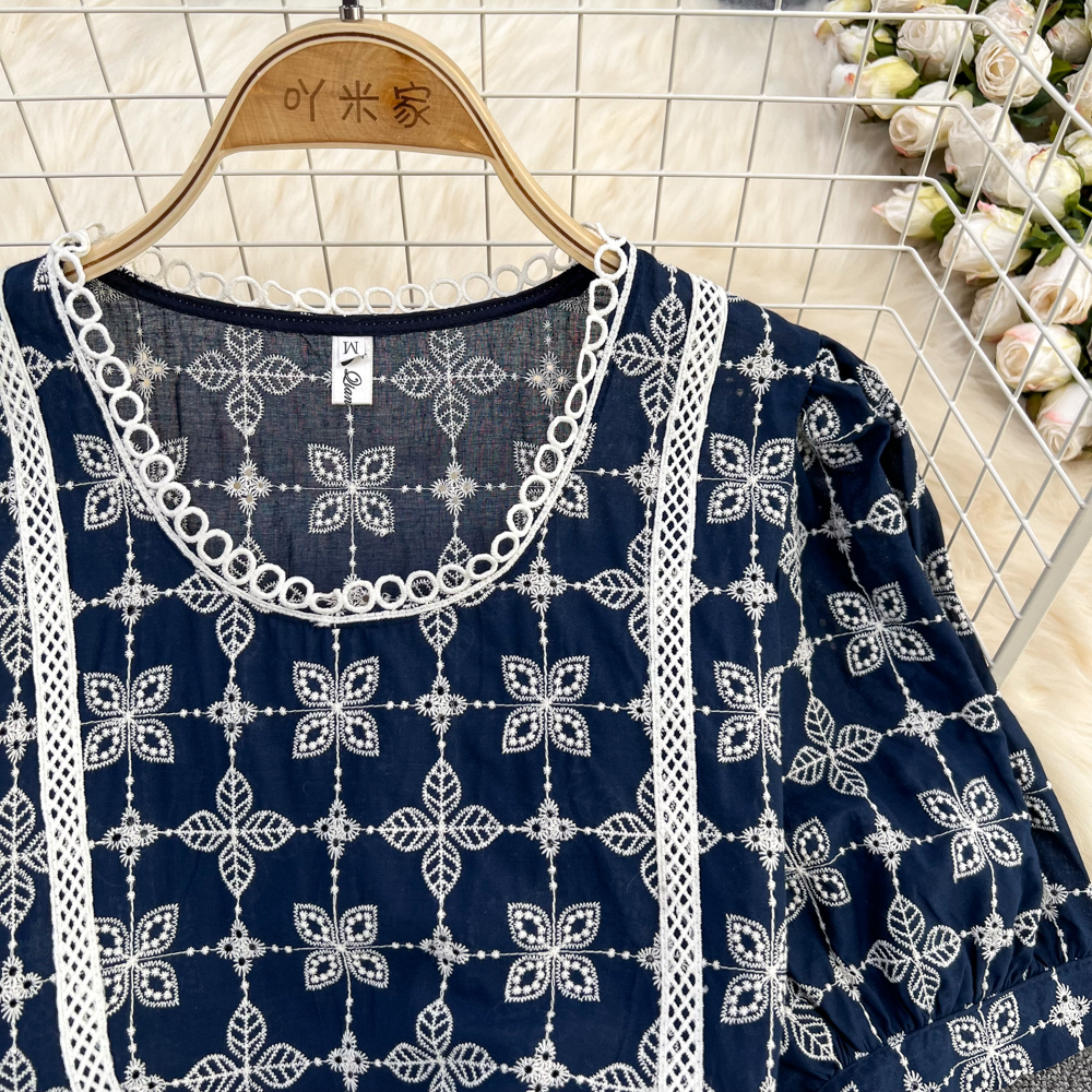 Women's Two Piece Pants Summer Vintage Cotton Flower Embroidery Two Piece Set Women Outfits O Neck Puff Sleeve Hollow Out Blouse Top + Wide Leg S