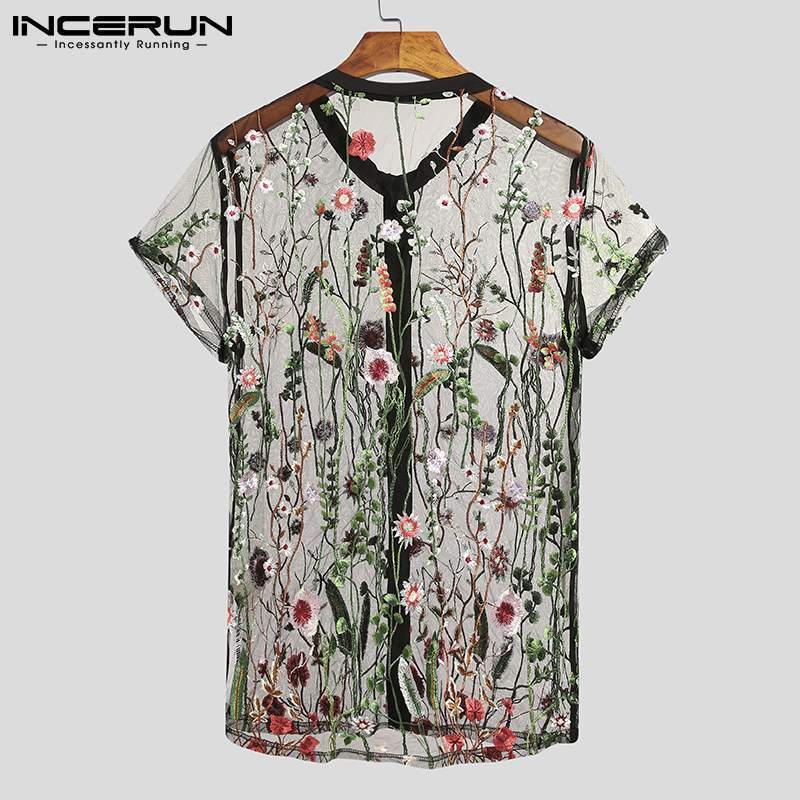 Men's Casual Shirts Fashion Men Mesh Shirts Embroidered Short Sleeve Sexy See Through Tops Button Breathable Party Nightclub Shirts INCERUN 5XL 2