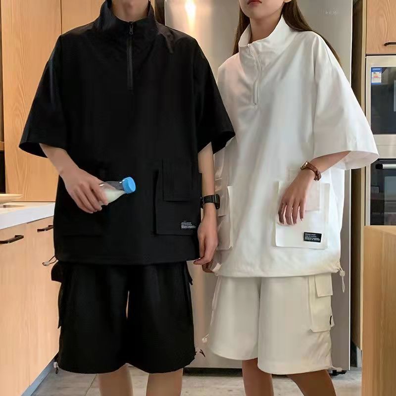 Men's Tracksuits Harajuku Couples Summer Loose Cargo Sets Solid Color Tshirts Shorts Outdoor Casual Tracksuit Zipper Turtleneck Pockets T-shirt 2