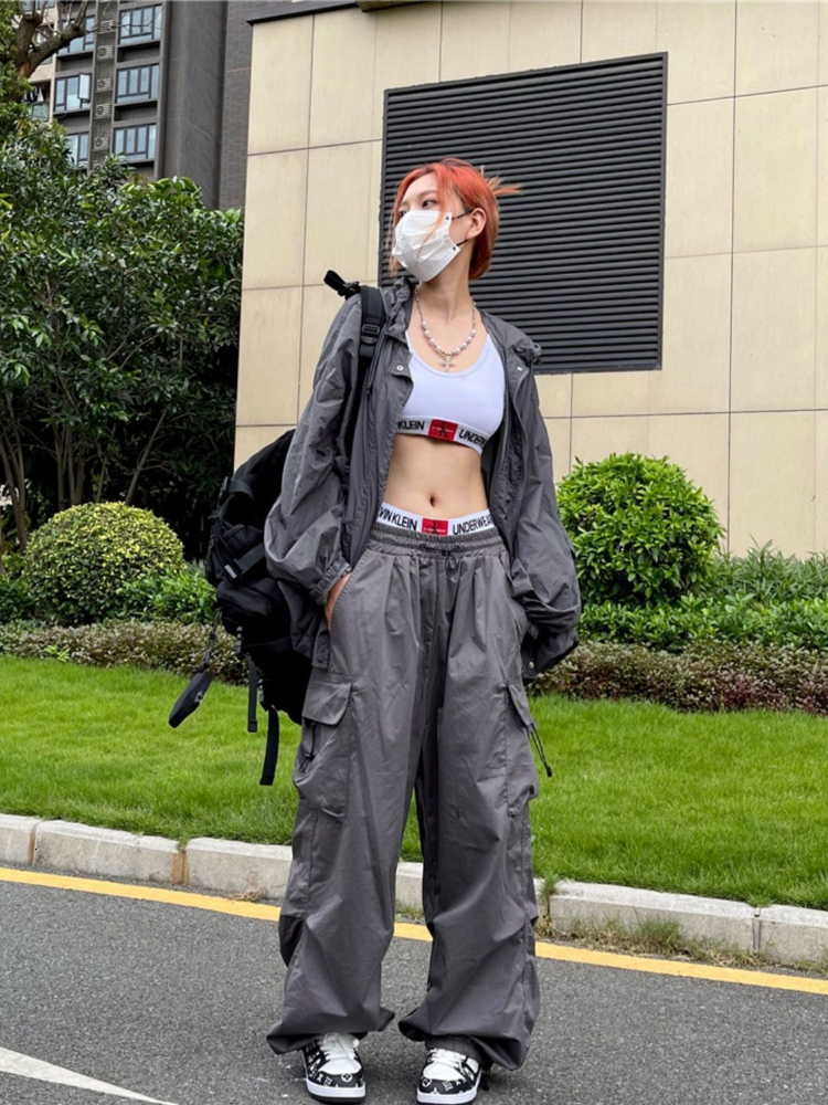 Women's Pants Capris HOUZHOU Y2K Parachute Pants Women Hippie Streetwear Oversize Pockets Cargo Trousers Harajuku Techwear Wide Pantalone Egirl S