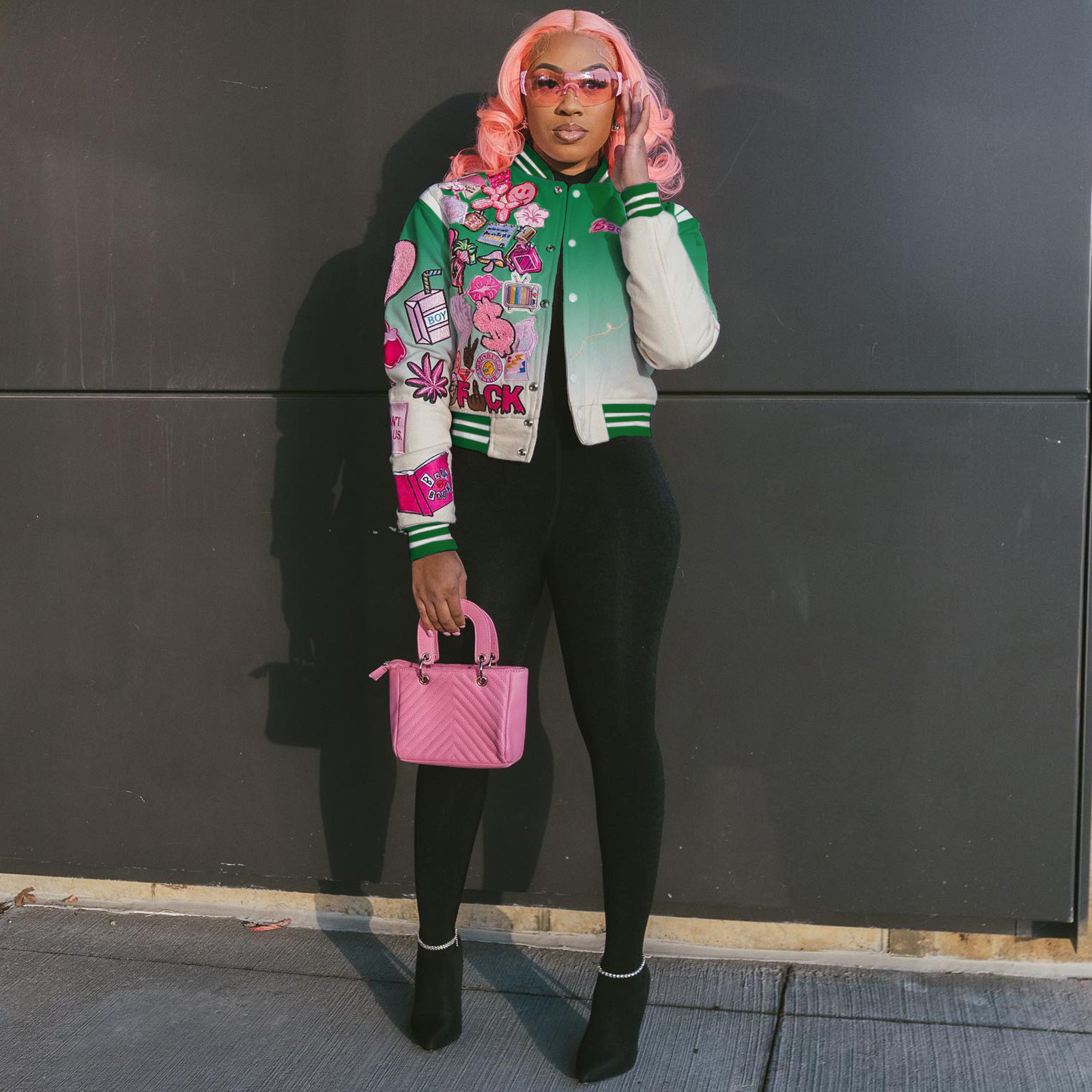 Women's Jackets Women's Spring Casual Gradient Long Sleeve Coat Varsity Baseball Uniform Bomber Jacket Single Breasted Outdoor Streetwear 23