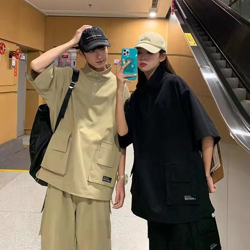 Men's Tracksuits Harajuku Couples Summer Loose Cargo Sets Solid Color Tshirts Shorts Outdoor Casual Tracksuit Zipper Turtleneck Pockets T-shirt 2