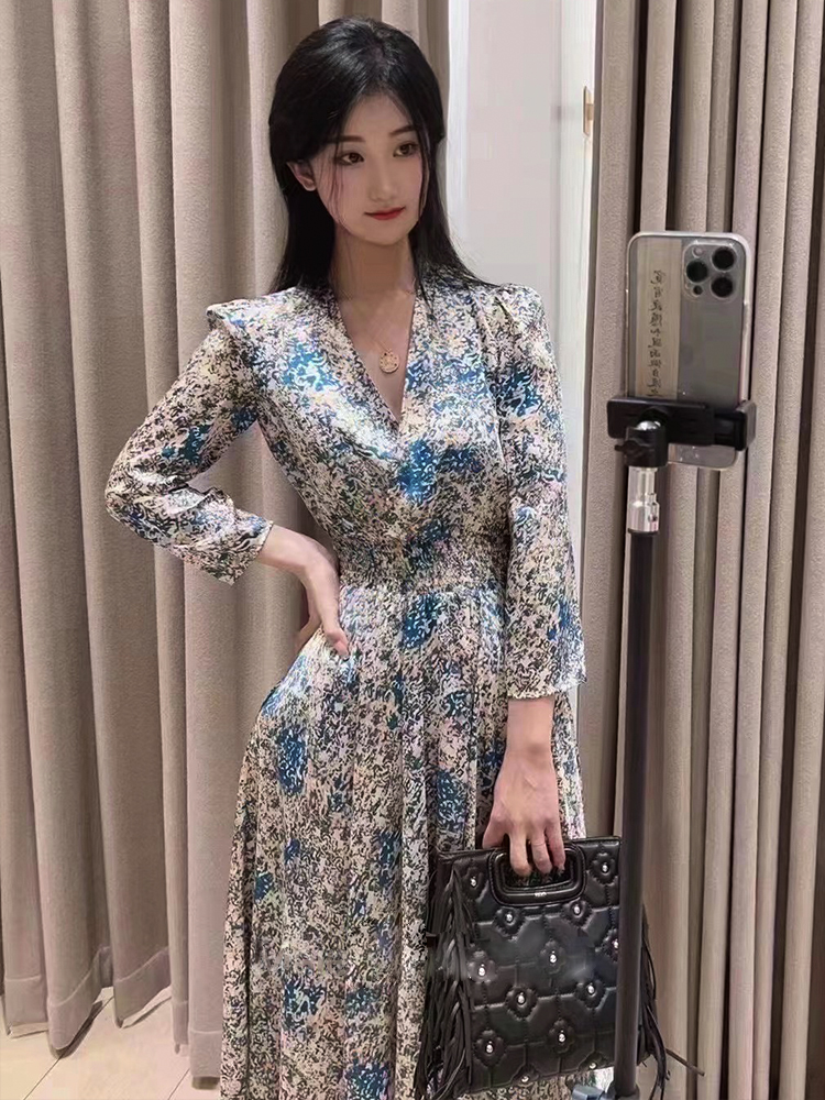 New M-aje V-neck Floral Dress Fit Asymmetric Dip Hem A-line Midi Dress for Women