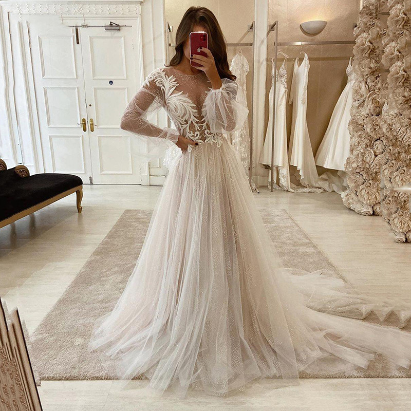 Lace Wedding Dresses 2023 Long Puff Sleeve Appliques A Line Bride Dress Princess Wedding Gown Long Puff Sleeve robe de mariee