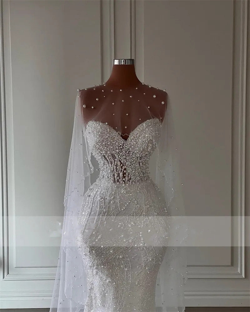 Pearls Dubai Mermaid Wedding Dress With Cape Sweetheart Beading Crystals Bridal Gown Vestido De Noiva Customized