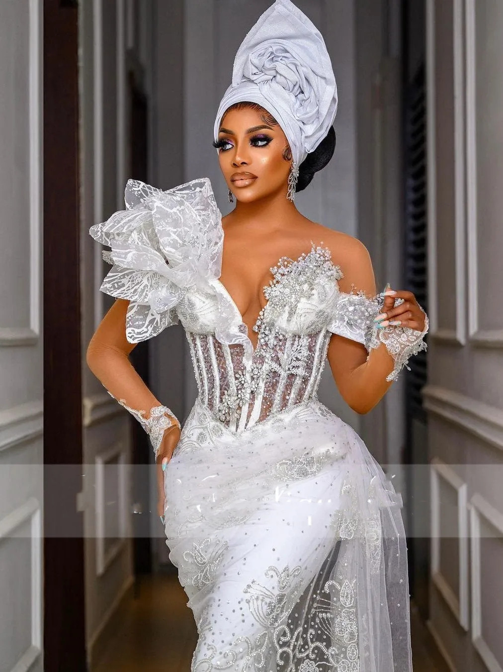 Mariee Robe Mermaid African Wedding Dress Off Shoulder Appliques Ruffles Beads Crystal Vestido De Noiva Bridal Gown