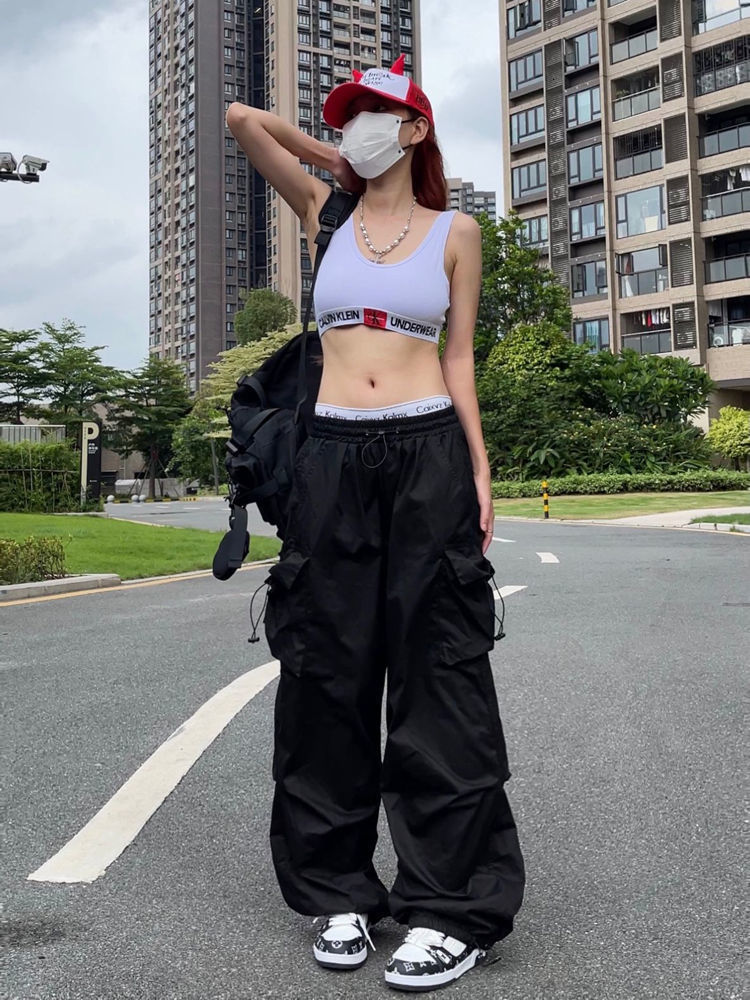 Women's Pants Capris HOUZHOU Y2K Parachute Pants Women Hippie Streetwear Oversize Pockets Cargo Trousers Harajuku Techwear Wide Pantalone Egirl S