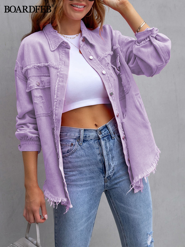 Women's Jackets Women Ripped Denim Jacket Spring Casual Distressed Jean Long Sleeve Tops with Pockets Ladies Tassels Solid Coat Loose Outwear 230