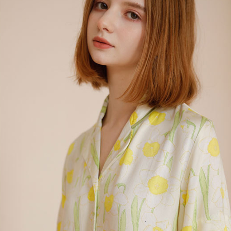 Women's Sleepwear Spring Print Pajamas Princess Sleepwear Nightwear Women Viscose Satin Loungewear Turn Down Collar Tops Shorts Two Piece Sets 23