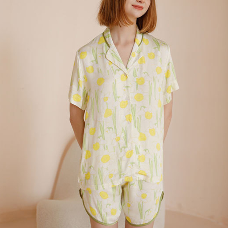 Women's Sleepwear Spring Print Pajamas Princess Sleepwear Nightwear Women Viscose Satin Loungewear Turn Down Collar Tops Shorts Two Piece Sets 23