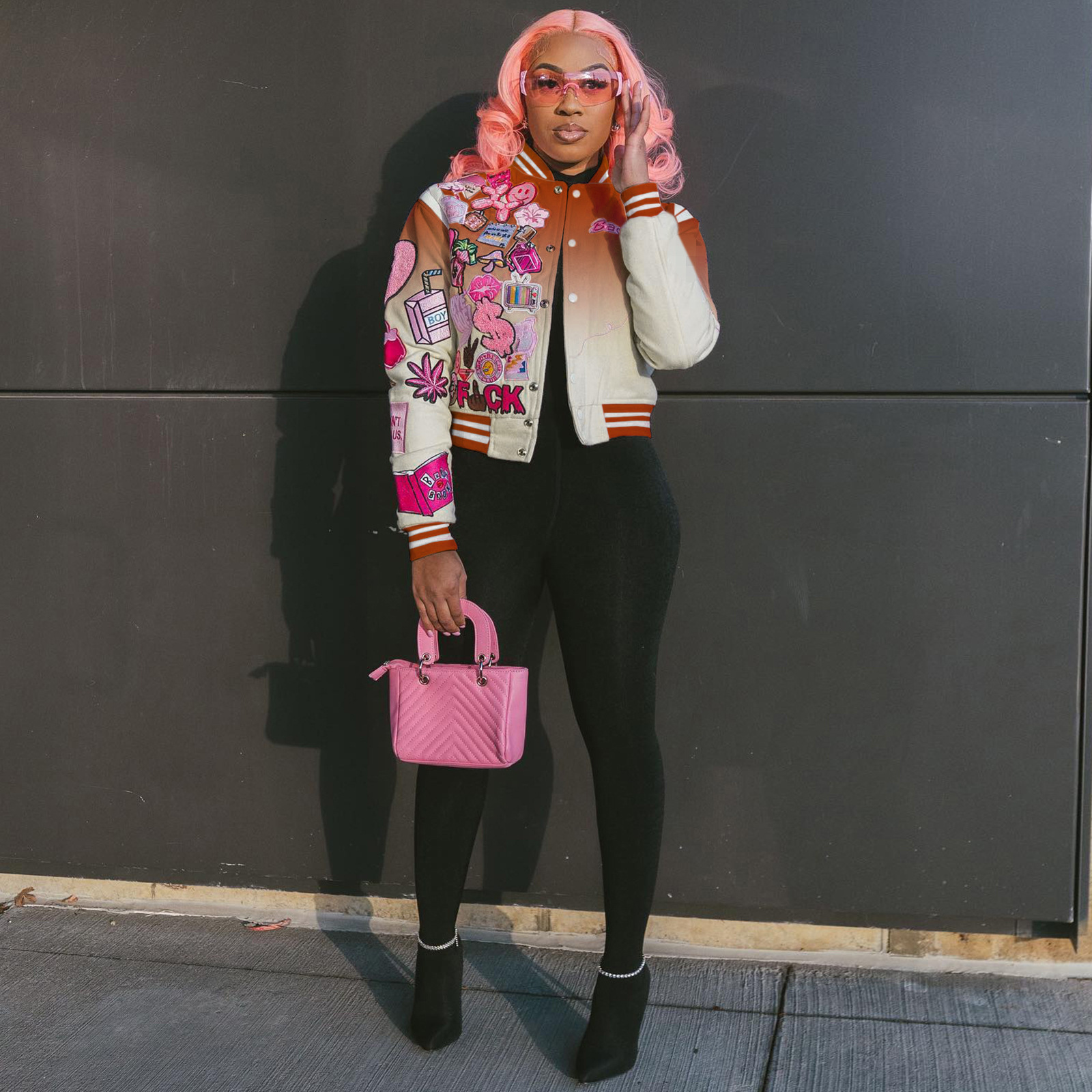 Women's Jackets Women's Spring Casual Gradient Long Sleeve Coat Varsity Baseball Uniform Bomber Jacket Single Breasted Outdoor Streetwear 23