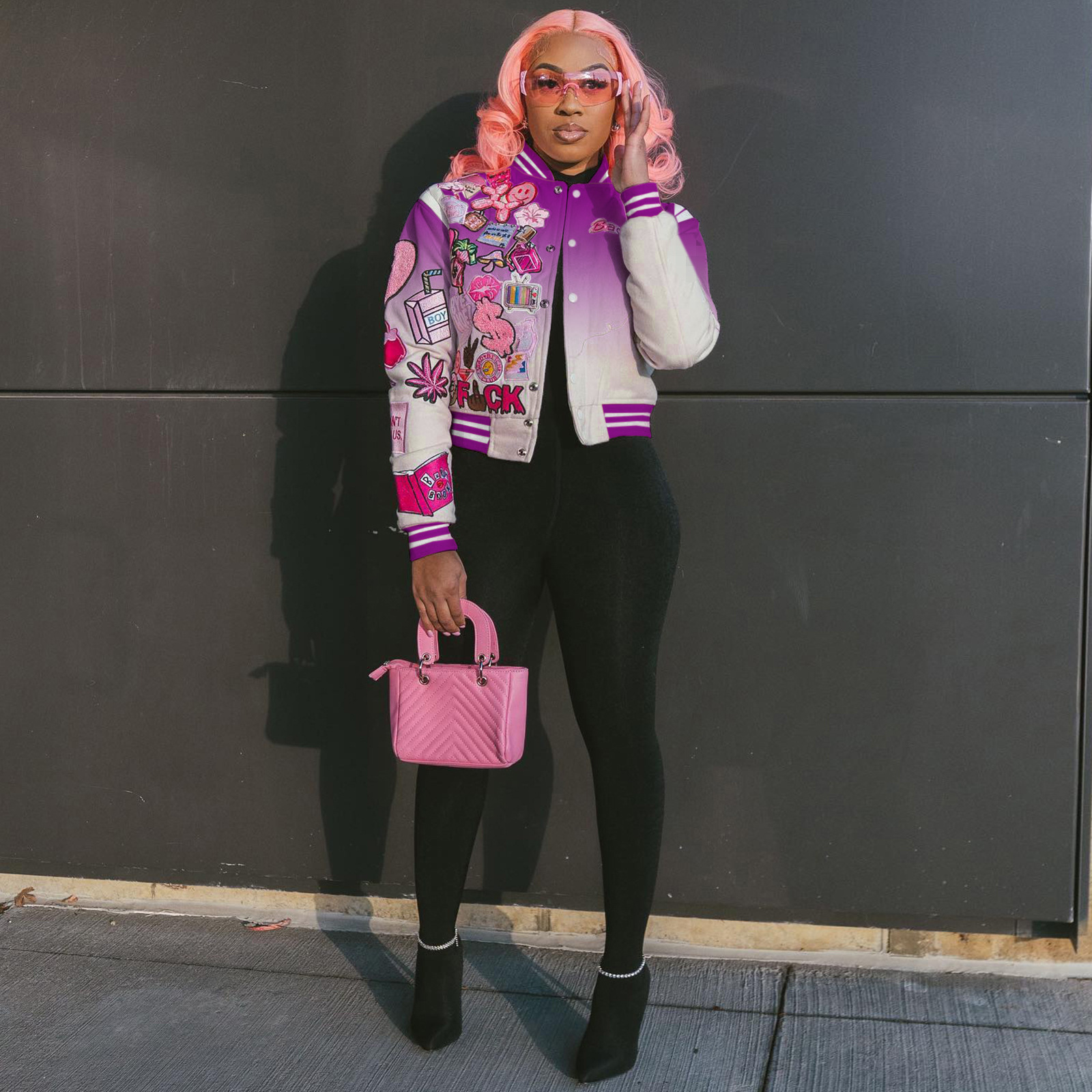 Women's Jackets Women's Spring Casual Gradient Long Sleeve Coat Varsity Baseball Uniform Bomber Jacket Single Breasted Outdoor Streetwear 23