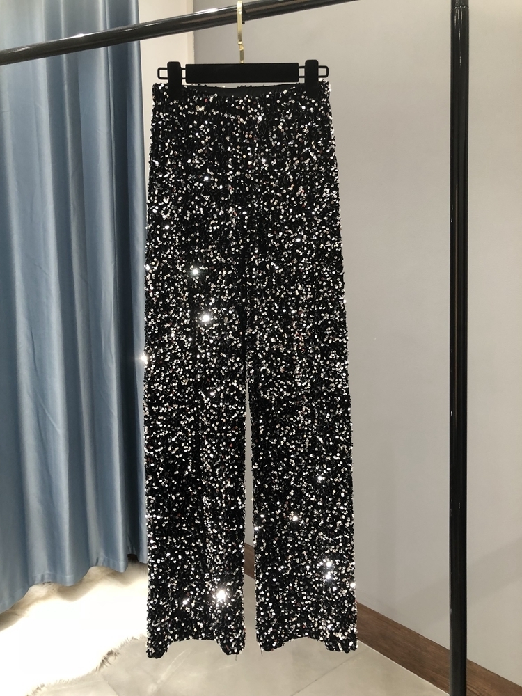 Women's Pants Capris The Women's Fashion Trendy Sparkling Gold Pants Relaxation of Tall Waist Wide-legged Pants Women's South Korean St