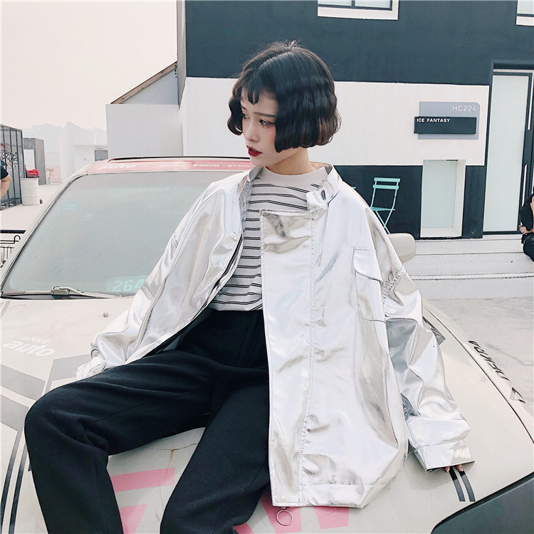 Women's Jackets Flash Sale Autumn Women Street Loose Metal Color Silver Pink Stand Neck Coat Punk Party Fashion Jacket Limited Supply 230721