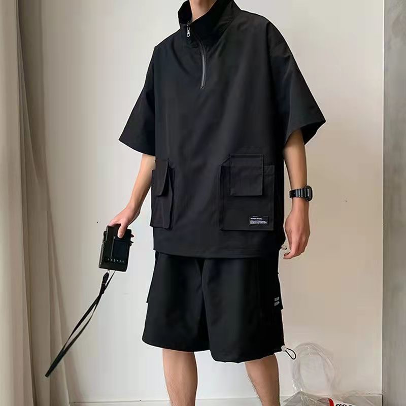 Men's Tracksuits Harajuku Couples Summer Loose Cargo Sets Solid Color Tshirts Shorts Outdoor Casual Tracksuit Zipper Turtleneck Pockets T-shirt 2