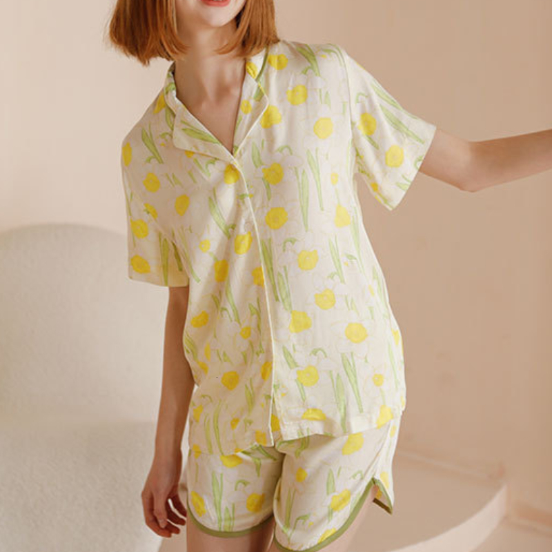 Women's Sleepwear Spring Print Pajamas Princess Sleepwear Nightwear Women Viscose Satin Loungewear Turn Down Collar Tops Shorts Two Piece Sets 23