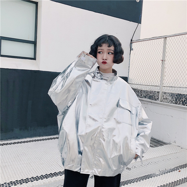 Women's Jackets Flash Sale Autumn Women Street Loose Metal Color Silver Pink Stand Neck Coat Punk Party Fashion Jacket Limited Supply 230721