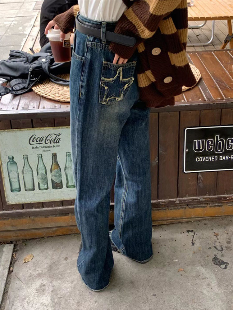 Women's Jean's Blue Wide Leg Jeans Star Pocket Vintage Straight Pants High Waist Baggy Streetwear Casual Denim Trouser Ladies 230721