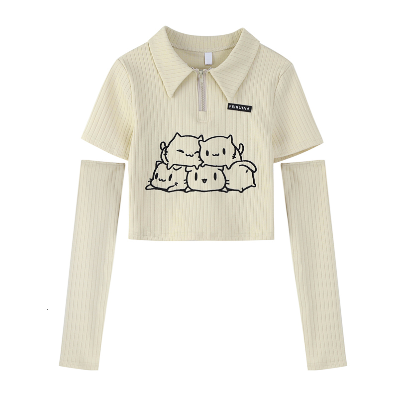 Women's T-Shirt Summer Fashion Casual Slim Kawaii Print Removable Sleeves Polo-Neck T Shirt For Women Streetwear Wild Basic Female Tees Top 23072