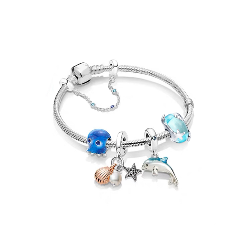 925 Silver CharmPink Original Fish, Turtles, and Snails Fashion Charms Set Pendant DIY Fine Beads Jewelry, A Special Gift for Women