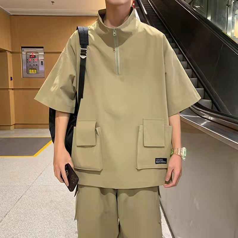 Men's Tracksuits Harajuku Couples Summer Loose Cargo Sets Solid Color Tshirts Shorts Outdoor Casual Tracksuit Zipper Turtleneck Pockets T-shirt 2