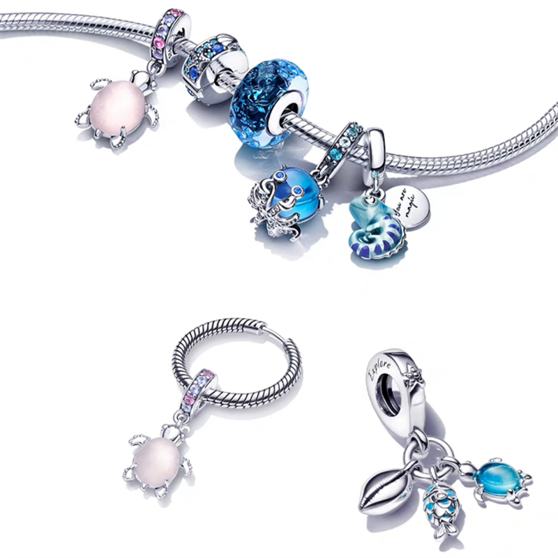 925 Silver CharmPink Original Fish, Turtles, and Snails Fashion Charms Set Pendant DIY Fine Beads Jewelry, A Special Gift for Women