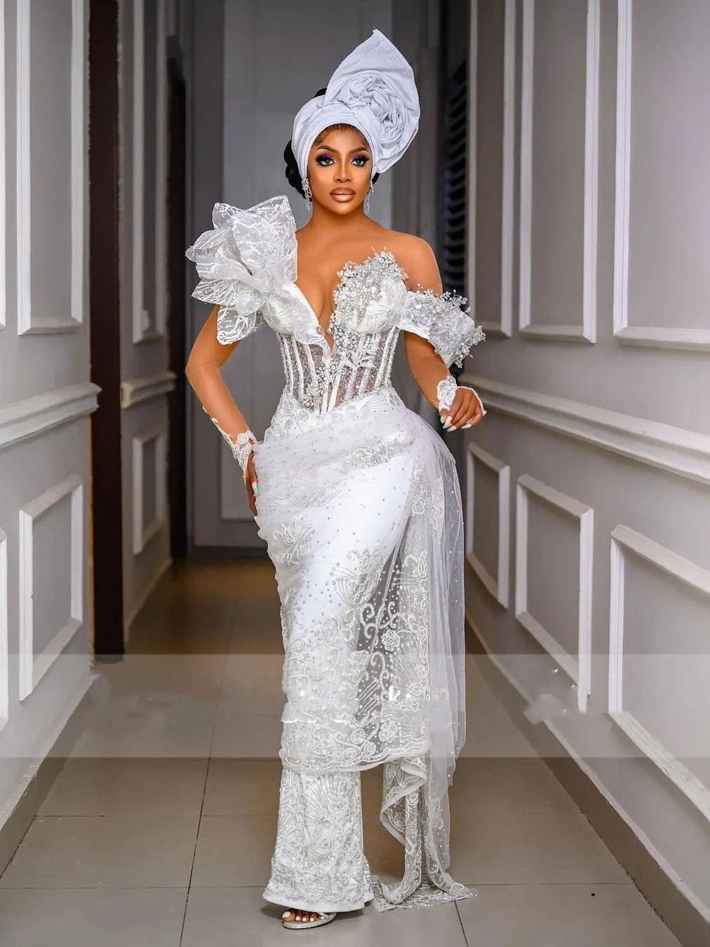 Mariee Robe Mermaid African Wedding Dress Off Shoulder Appliques Ruffles Beads Crystal Vestido De Noiva Bridal Gown