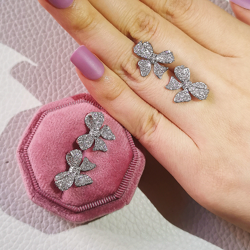 Charming Bowknot Sterling Silver Stud Earrings with Crystal Accents Sophisticated Women's Jewelry