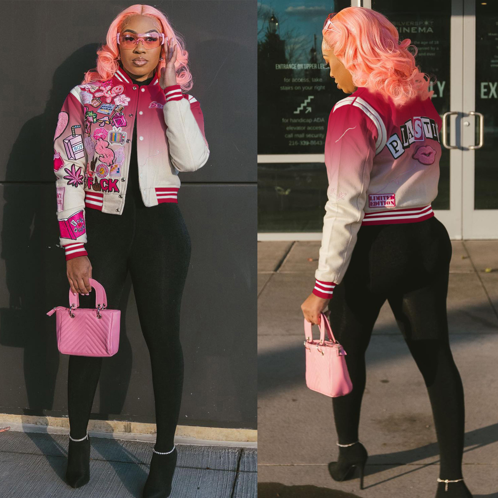 Women's Jackets Women's Spring Casual Gradient Long Sleeve Coat Varsity Baseball Uniform Bomber Jacket Single Breasted Outdoor Streetwear 23