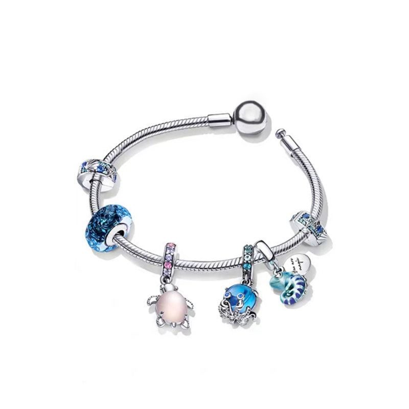 925 Silver CharmPink Original Fish, Turtles, and Snails Fashion Charms Set Pendant DIY Fine Beads Jewelry, A Special Gift for Women
