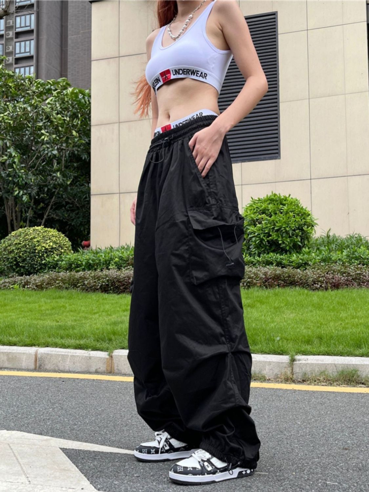 Women's Pants Capris HOUZHOU Y2K Parachute Pants Women Hippie Streetwear Oversize Pockets Cargo Trousers Harajuku Techwear Wide Pantalone Egirl S