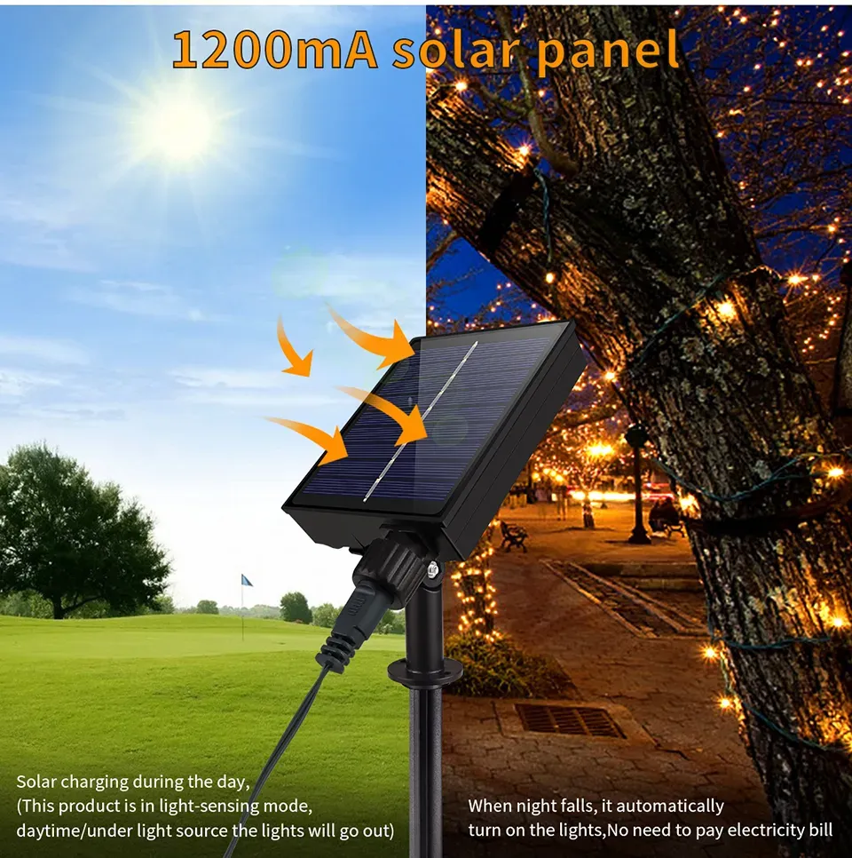 7m/12m/22m 8 Modes Indoor Outdoor Solar Garden Led String Fairy Light 100 200 LED Waterproof Garland Large Solar Panel Lamp Christmas Tree Decoration 