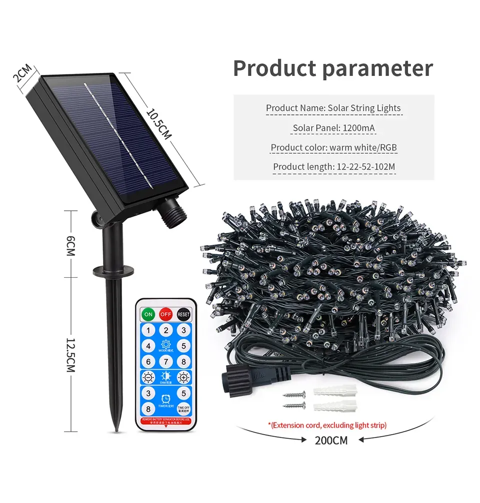 7m/12m/22m 8 Modes Indoor Outdoor Solar Garden Led String Fairy Light 100 200 LED Waterproof Garland Large Solar Panel Lamp Christmas Tree Decoration 