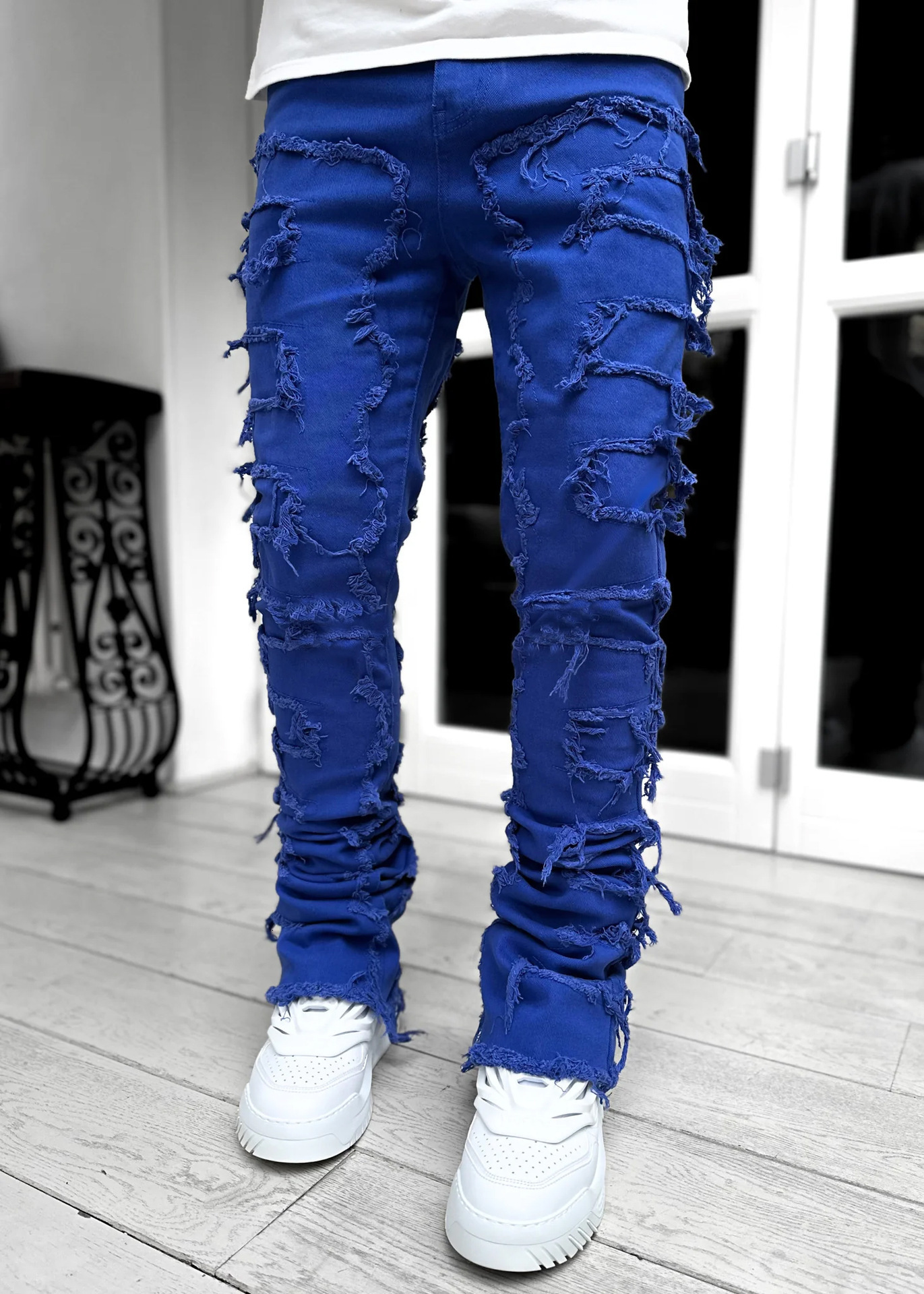 Mens Jeans Denim StraightLeg Pants Street Fashion Stretch Patch 230721