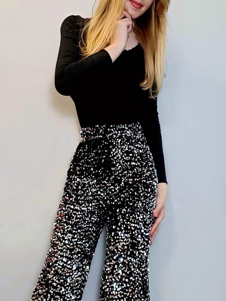 Women's Pants Capris The Women's Fashion Trendy Sparkling Gold Pants Relaxation of Tall Waist Wide-legged Pants Women's South Korean St