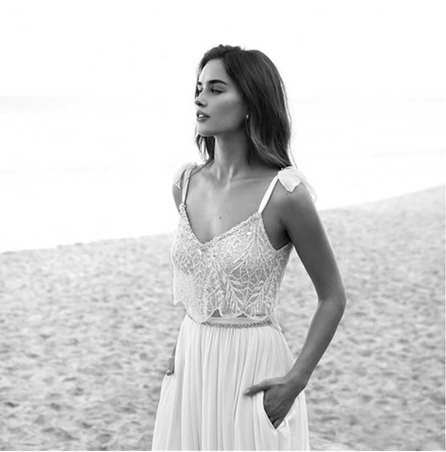 2 Piece Lace Boho Wedding Dress 2023 Spaghetti Neck Beads Backless Bride Gowns Sweep Train Beach Chiffon Wedding Dress