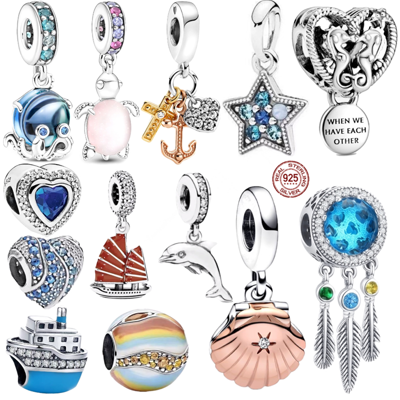 925 Silver CharmPink Original Fish, Turtles, and Snails Fashion Charms Set Pendant DIY Fine Beads Jewelry, A Special Gift for Women
