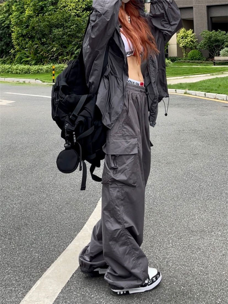 Women's Pants Capris HOUZHOU Y2K Parachute Pants Women Hippie Streetwear Oversize Pockets Cargo Trousers Harajuku Techwear Wide Pantalone Egirl S